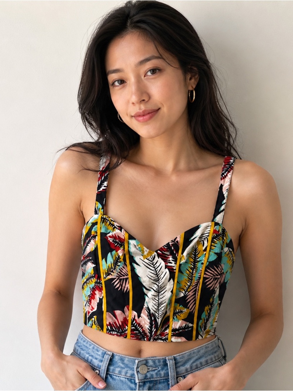 Band of Gypsies Tropical Bustier Crop Top in Black with Yellow Accents